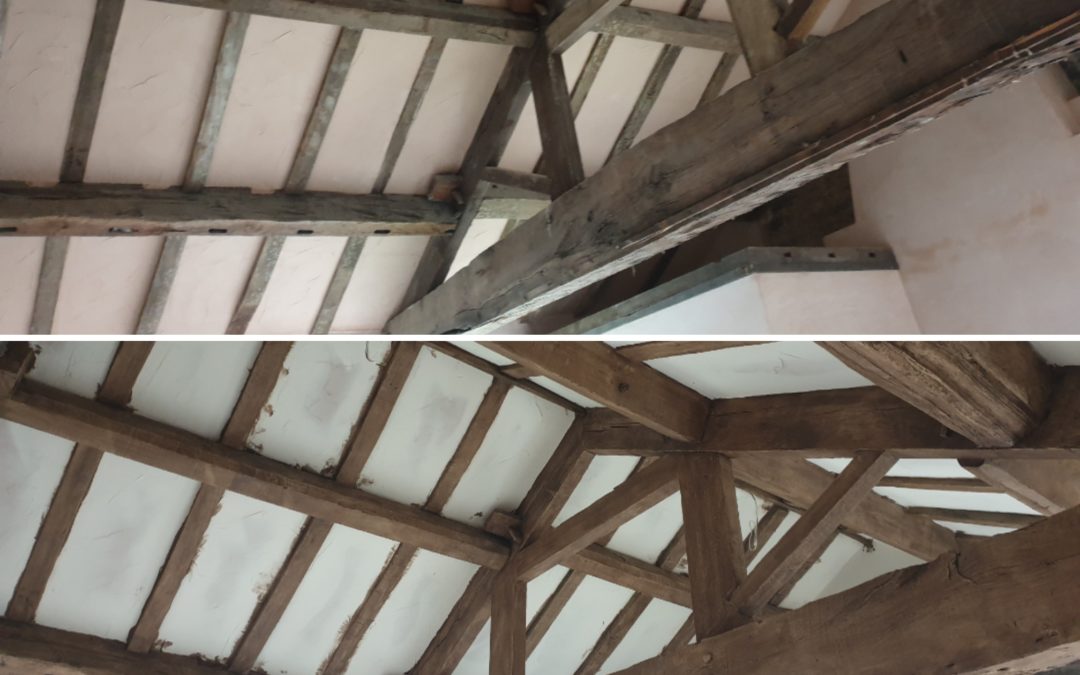 Newly exposed beams to a dark Antique Oak finish