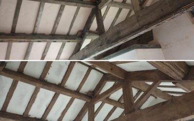 Newly exposed beams to a dark Antique Oak finish
